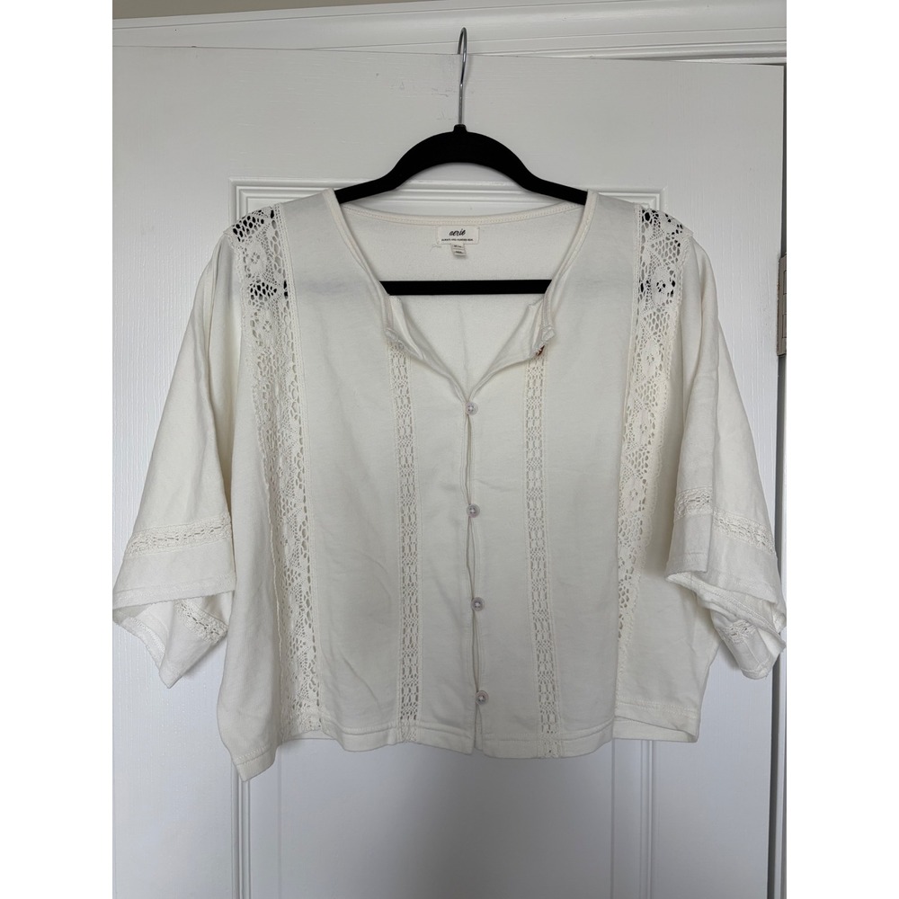 Aerie White Cotton Crochet Lace Button Front Boxy Crop Top Short Sleeve Medium